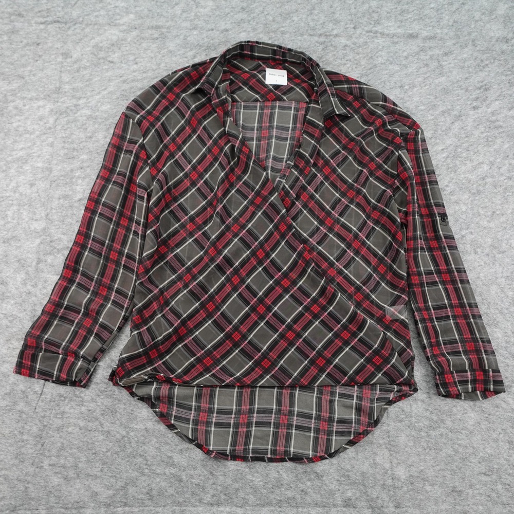 Anthropologie Top Womens Small Black Red Plaid Bishop‎ Young Chiffon Surplice
